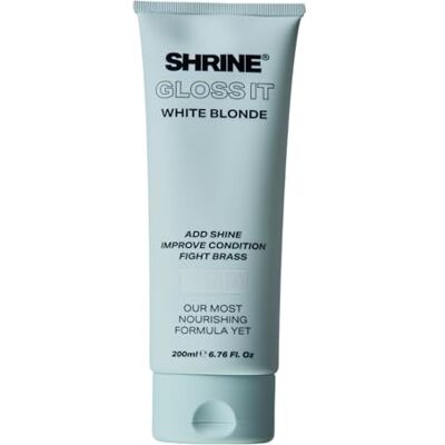 SHRINE GLOSS IT WHITE BLONDE Colour Depositing Hair Mask High-Shine Gloss Treatment Brightens & Refreshes White Blonde Tones Neutralises brassiness Quick 10-minute application Vegan 200ml SHRINE GLOSS IT WHITE BLONDE Colour Depositing Hair Mask High-Shine Gloss Treatment Brightens & Refreshes White Blonde Tones Neutralises brassiness Quick 10-minute application Vegan 200ml