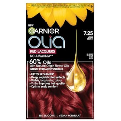 Olia 7.25 Vinyl Blush Red Lacquer: No-ammonia, 60% oil-powered for intense, deep, shiny, resistant reds. Cruelty-free & vegan, delivering vibrant, long-lasting red with high gloss. Olia 7.25 Vinyl Blush Red Lacquer: No-ammonia, 60% oil-powered for intense, deep, shiny, resistant reds. Cruelty-free & vegan, delivering vibrant, long-lasting red with high gloss.