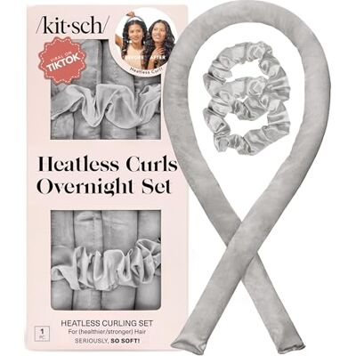 Kitsch Satin Heatless Curling Set Heatless Hair Rollers & Curler Headband Sleep in Curls (Silver) Kitsch Satin Heatless Curling Set Heatless Hair Rollers & Curler Headband Sleep in Curls (Silver)