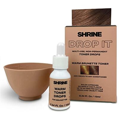 SHRINE Drop-It WARM BRUNETTE Toner Customisable Anti-Brass Toning Drops to Remove Yellow Tones Chocolate Blonde Finish Vegan, Cruelty-Free, Damage-Free Conditioning Toner 200 drops/bottle SHRINE Drop-It WARM BRUNETTE Toner Customisable Anti-Brass Toning Drops to Remove Yellow Tones Chocolate Blonde Finish Vegan, Cruelty-Free, Damage-Free Conditioning Toner 200 drops/bottle