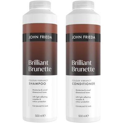 John Frieda Brilliant Brunette Shampoo & Conditioner 500ml x2. Brown Hair Care Duo with Colour Safe Wash, Rich Shine Support and Colour Treated Hair Routine John Frieda Brilliant Brunette Shampoo & Conditioner 500ml x2. Brown Hair Care Duo with Colour Safe Wash, Rich Shine Support and Colour Treated Hair Routine