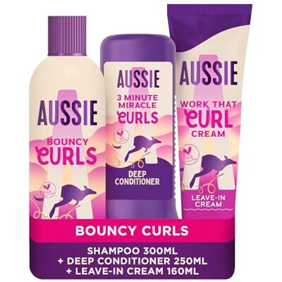 Aussie Curls Bundle: Bouncy Curls Shampoo 300ml, 3 Minute Miracle Deep Conditioner 250ml, Work That Cream 160ml Aussie Curls Bundle: Bouncy Curls Shampoo 300ml, 3 Minute Miracle Deep Conditioner 250ml, Work That Cream 160ml