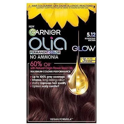 Olia Garnier Glow 5.12 Iridescent Brown: Oil-Powered, No Ammonia. Ultra-luminous, lasting iridescent brown color with grey coverage, leaving hair feeling soft. Olia Garnier Glow 5.12 Iridescent Brown: Oil-Powered, No Ammonia. Ultra-luminous, lasting iridescent brown color with grey coverage, leaving hair feeling soft.