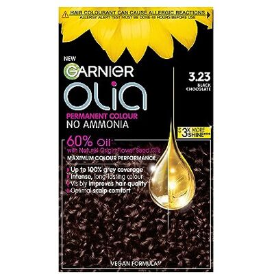 Olia Garnier 3.23 Black Chocolate, oil-powered, no-ammonia. 100% grey coverage. Luminous, long-lasting, vibrant black chocolate hair color with incredible shine. Olia Garnier 3.23 Black Chocolate, oil-powered, no-ammonia. 100% grey coverage. Luminous, long-lasting, vibrant black chocolate hair color with incredible shine.