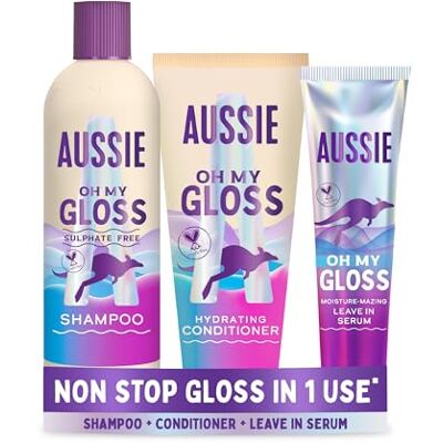 Aussie Oh My Gloss Shampoo & Conditioner Set + Leave in Serum Hair Treatment (300/200/160ml). Moisture & Shine Booster for Dull Hair, with Jojoba, Safflower & Macadamia Nut Oils. Vegan, Cruelty-Free Aussie Oh My Gloss Shampoo & Conditioner Set + Leave in Serum Hair Treatment (300/200/160ml). Moisture & Shine Booster for Dull Hair, with Jojoba, Safflower & Macadamia Nut Oils. Vegan, Cruelty-Free