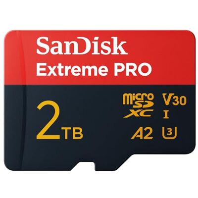 Sandisk Extreme PRO microSD Card + Adapter 2TB, Up to 250MB/s Read Speeds UHS-I, V30, 5K, 4K UHD, U3, C10, A2, Memory card for Action Cams, Drones, Android Devices, Laptops, Up to 150MB/s speed Sandisk Extreme PRO microSD Card + Adapter 2TB, Up to 250MB/s Read Speeds UHS-I, V30, 5K, 4K UHD, U3, C10, A2, Memory card for Action Cams, Drones, Android Devices, Laptops, Up to 150MB/s speed