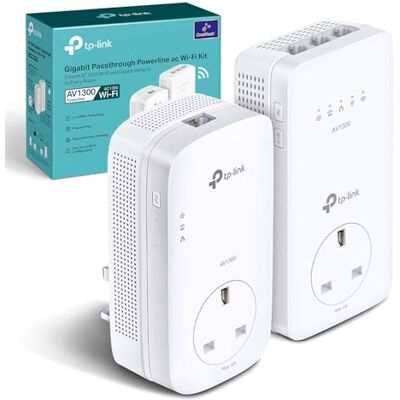 TP-Link TL-WPA8631P KIT AV1300 Gigabit Passthrough Powerline Adapter, Dual-Band WiFi Extender, up to 1300Mbps Speed, Internet Booster, Extra Power Socket, Works with OneMesh, No Configuration Required TP-Link TL-WPA8631P KIT AV1300 Gigabit Passthrough Powerline Adapter, Dual-Band WiFi Extender, up to 1300Mbps Speed, Internet Booster, Extra Power Socket, Works with OneMesh, No Configuration Required