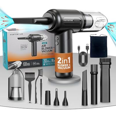 PORTENTUM 2-in-1 Cordless Vacuum Cleaner and Compressed Air Battery, 3 Speeds, and LED Light Vacuum for Car, Keyboard, PC, Home PORTENTUM 2-in-1 Cordless Vacuum Cleaner and Compressed Air Battery, 3 Speeds, and LED Light Vacuum for Car, Keyboard, PC, Home
