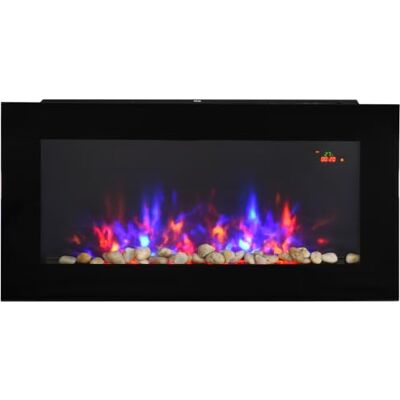 HOMCOM LED Wall Mounted Fireplace Curved Glass 48H x 90.8W x 11.5Dcm Black Electric Fire Place, for Living Room, 1000W/2000W HOMCOM LED Wall Mounted Fireplace Curved Glass 48H x 90.8W x 11.5Dcm Black Electric Fire Place, for Living Room, 1000W/2000W