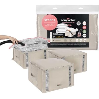 Compactor Set of 3 vacuum storage bags Size M 42 x 40 x H27 cm Beige Compression with vacuum cleaner Patented valve Large capacity Protected linen Compactor Set of 3 vacuum storage bags Size M 42 x 40 x H27 cm Beige Compression with vacuum cleaner Patented valve Large capacity Protected linen