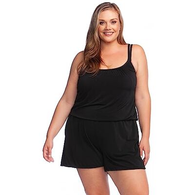 Maxine Of Hollywood Women's Plus Size Romper One Piece Swimsuit, Black//Solid Tr, 24 Maxine Of Hollywood Women's Plus Size Romper One Piece Swimsuit, Black//Solid Tr, 24