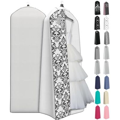 Your Bags Gusseted Wedding Dress Garment Bag For Long Puffy Gowns 72” x 24”, 20” Gusset (White with Black Damask) Your Bags Gusseted Wedding Dress Garment Bag For Long Puffy Gowns 72” x 24”, 20” Gusset (White with Black Damask)