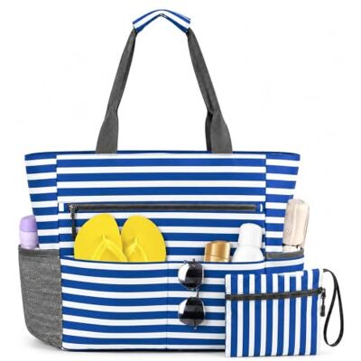 Lafefe Beach Bag for Women, Large Waterproof Beach Bag with Zip & Pockets, Foldable Oxford Tote 40.5×39×17cm, Travel Beach Bags for Holiday Pool Gym (Blue Stripe) Lafefe Beach Bag for Women, Large Waterproof Beach Bag with Zip & Pockets, Foldable Oxford Tote 40.5×39×17cm, Travel Beach Bags for Holiday Pool Gym (Blue Stripe)