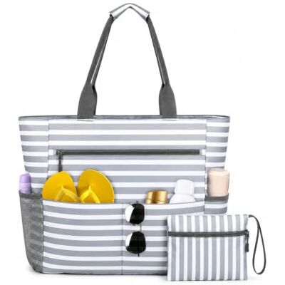 Lafefe Beach Bag for Women, Large Waterproof Beach Bag with Zip & Pockets, Foldable Oxford Tote 40.5×39×17cm, Travel Beach Bags for Holiday Pool Gym (Grey Stripe) Lafefe Beach Bag for Women, Large Waterproof Beach Bag with Zip & Pockets, Foldable Oxford Tote 40.5×39×17cm, Travel Beach Bags for Holiday Pool Gym (Grey Stripe)