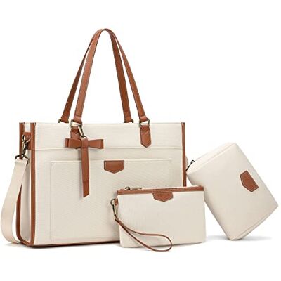 Keyli Laptop Bag for Women Canvas Tote Bags 15.6 inch Large Capacity Shoulder Handbag Lightweight Briefcase Purse 3 PCS Sets, Brown_3pcs Keyli Laptop Bag for Women Canvas Tote Bags 15.6 inch Large Capacity Shoulder Handbag Lightweight Briefcase Purse 3 PCS Sets, Brown_3pcs