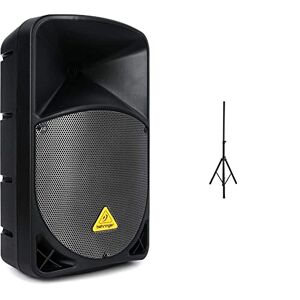 Behringer EUROLIVE B112D Active 2-Way 12" PA Speaker System with Wireless Option and Integrated Mixer & qtx Robust Steel Speaker Stand, Black