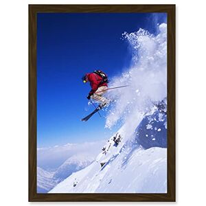 Artery8 - Skier Jumping Sky - Brown - A4 Framed - Wall Art Artery8 - Skier Jumping Sky - Brown - A4 Framed - Wall Art