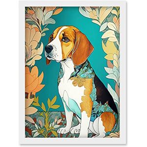 Artery8 - Beagle Dog With Floral Frame - White frame Artery8 - Beagle Dog With Floral Frame - White frame