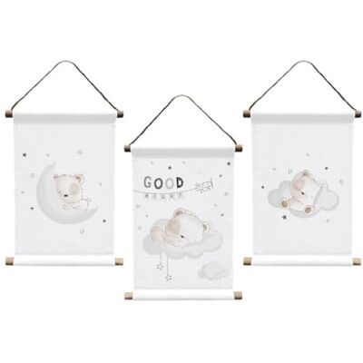 Herding babybest Set of 3 Wall Murals Sleeping Bear Approx. 20 x 30 cm 100% Cotton with 2 Wooden Sticks Herding babybest Set of 3 Wall Murals Sleeping Bear Approx. 20 x 30 cm 100% Cotton with 2 Wooden Sticks