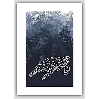 ARTZE Wall Art Geometric Turtle with Palms Leaves Art Print, A2 Size, Navy Blue ARTZE Wall Art Geometric Turtle with Palms Leaves Art Print, A2 Size, Navy Blue