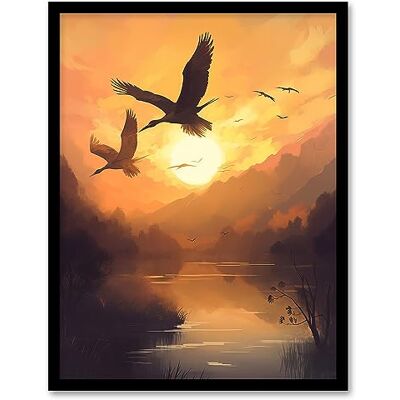 Artery8 Cranes Soaring Against a Golden Sunset Sky Atmospheric Painting Warm Colours Birds Flying Over Tranquil Mountain Lake Landscape Artwork Framed Wall Art Print 18X24 Inch Artery8 Cranes Soaring Against a Golden Sunset Sky Atmospheric Painting Warm Colours Birds Flying Over Tranquil Mountain Lake Landscape Artwork Framed Wall Art Print 18X24 Inch