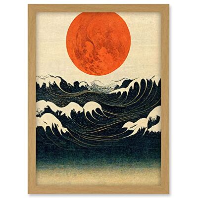 Doppelganger33 LTD Minimalist Large Orange Moon Over Ocean Waves Ukiyo-e Style Artwork Framed A3 Wall Art Print Doppelganger33 LTD Minimalist Large Orange Moon Over Ocean Waves Ukiyo-e Style Artwork Framed A3 Wall Art Print