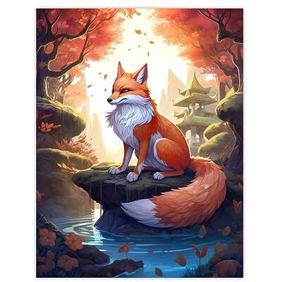 Artery8 Kitsune Fox Spirit Painting Orange Green Blue Digital Art Conceptual Depiction Mythical Creature in Autumn Forest Landscape with Temple Extra Large XL Wall Art Poster Print Artery8 Kitsune Fox Spirit Painting Orange Green Blue Digital Art Conceptual Depiction Mythical Creature in Autumn Forest Landscape with Temple Extra Large XL Wall Art Poster Print
