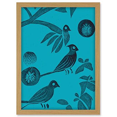 Doppelganger33 LTD Linocut Vintage Blue Birds Jungle Pattern Illustration Teal Artwork Framed A3 Wall Art Print Doppelganger33 LTD Linocut Vintage Blue Birds Jungle Pattern Illustration Teal Artwork Framed A3 Wall Art Print