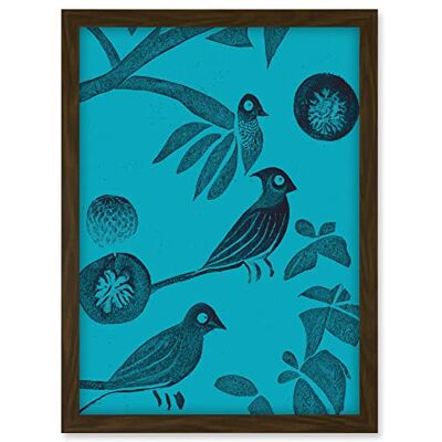 Doppelganger33 LTD Linocut Vintage Blue Birds Jungle Pattern Illustration Teal Artwork Framed A3 Wall Art Print Doppelganger33 LTD Linocut Vintage Blue Birds Jungle Pattern Illustration Teal Artwork Framed A3 Wall Art Print