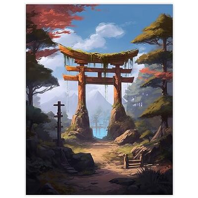 Artery8 Old Torii Gate Leading to Shinto Shrine by Lake Painting Pink Green Blue Tranquil Sacred Grounds Forest Mountain Landscape Extra Large XL Wall Art Poster Print Artery8 Old Torii Gate Leading to Shinto Shrine by Lake Painting Pink Green Blue Tranquil Sacred Grounds Forest Mountain Landscape Extra Large XL Wall Art Poster Print