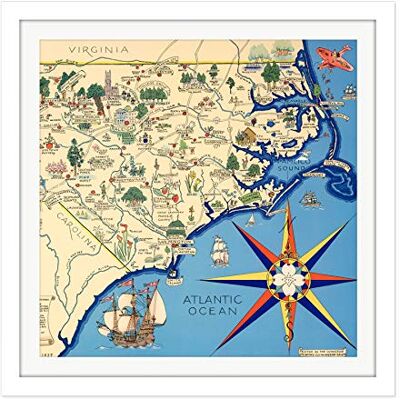 Artery8 Map Pugh 1937 North Carolina Nature Lovers Pictorial Square Wooden Framed Wall Art Print Picture 16X16 Inch Artery8 Map Pugh 1937 North Carolina Nature Lovers Pictorial Square Wooden Framed Wall Art Print Picture 16X16 Inch