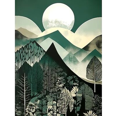 Artery8 Full Moon Over Mountain Forest Linocut Mid Century Sage Green Moonlit Landscape Extra Large XL Wall Art Poster Print Artery8 Full Moon Over Mountain Forest Linocut Mid Century Sage Green Moonlit Landscape Extra Large XL Wall Art Poster Print