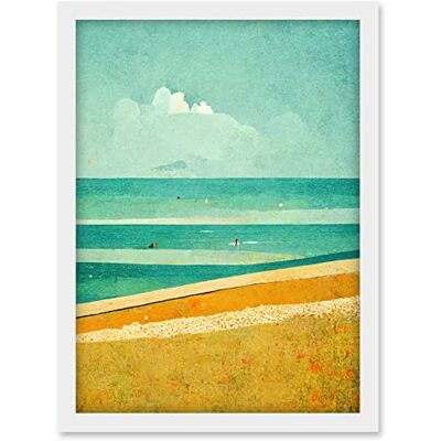 Doppelganger33 LTD Calm Sandy Beach Summer Scene In Ochre And Teal Minimalist Artwork Framed A3 Wall Art Print Doppelganger33 LTD Calm Sandy Beach Summer Scene In Ochre And Teal Minimalist Artwork Framed A3 Wall Art Print