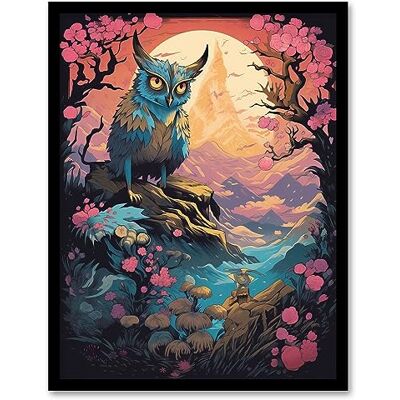 Artery8 Owl Yokai Concept Art Painting Mythical Folklore Creature Standing Before Warrior in a Cherry Blossom Forest Landscape at Sunset Artwork Framed Wall Art Print A4 Artery8 Owl Yokai Concept Art Painting Mythical Folklore Creature Standing Before Warrior in a Cherry Blossom Forest Landscape at Sunset Artwork Framed Wall Art Print A4