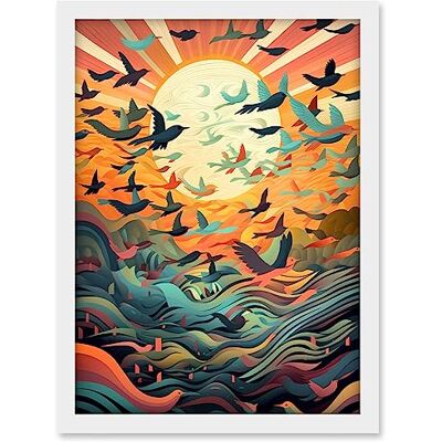 Artery8 Flock of Birds Flying at Sunrise Modern Folk Art Artwork Framed A3 Wall Art Print Artery8 Flock of Birds Flying at Sunrise Modern Folk Art Artwork Framed A3 Wall Art Print