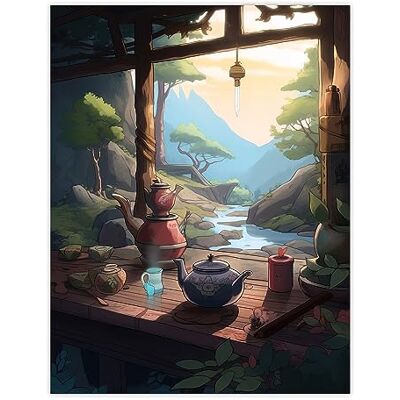 Artery8 Tranquil Tea Ceremony in Nature Painting Japanese Hospitality Traditional Customs at Sunrise in Forest River Landscape Extra Large XL Wall Art Poster Print Artery8 Tranquil Tea Ceremony in Nature Painting Japanese Hospitality Traditional Customs at Sunrise in Forest River Landscape Extra Large XL Wall Art Poster Print