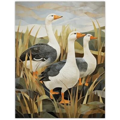 Artery8 Three Wild Geese Stylised Oil Painting Grey Orange Green Pastel Colour Birds in Sweet Flag Plant Countryside Landscape Extra Large XL Wall Art Poster Print Artery8 Three Wild Geese Stylised Oil Painting Grey Orange Green Pastel Colour Birds in Sweet Flag Plant Countryside Landscape Extra Large XL Wall Art Poster Print