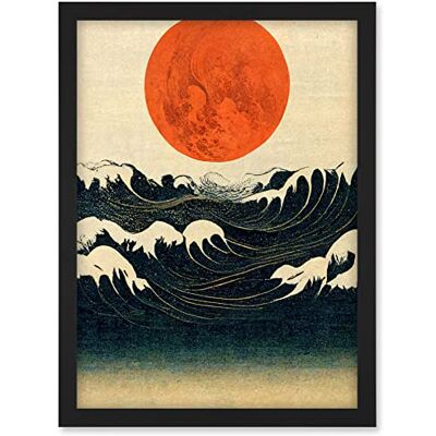 Doppelganger33 LTD Minimalist Large Orange Moon Over Ocean Waves Ukiyo-e Style Artwork Framed A3 Wall Art Print Doppelganger33 LTD Minimalist Large Orange Moon Over Ocean Waves Ukiyo-e Style Artwork Framed A3 Wall Art Print