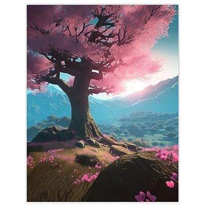 Artery8 Lone Cherry Blossom Tree Blooming Painting Pink Blue Green Sunrise over Tranquil Forest Mountain Landscape Extra Large XL Wall Art Poster Print Artery8 Lone Cherry Blossom Tree Blooming Painting Pink Blue Green Sunrise over Tranquil Forest Mountain Landscape Extra Large XL Wall Art Poster Print