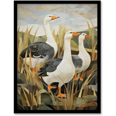 Artery8 Three Wild Geese Stylised Oil Painting Grey Orange Green Pastel Colour Birds in Sweet Flag Plant Countryside Landscape Artwork Framed Wall Art Print A4 Artery8 Three Wild Geese Stylised Oil Painting Grey Orange Green Pastel Colour Birds in Sweet Flag Plant Countryside Landscape Artwork Framed Wall Art Print A4
