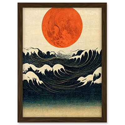 Doppelganger33 LTD Minimalist Large Orange Moon Over Ocean Waves Ukiyo-e Style Artwork Framed A3 Wall Art Print Doppelganger33 LTD Minimalist Large Orange Moon Over Ocean Waves Ukiyo-e Style Artwork Framed A3 Wall Art Print