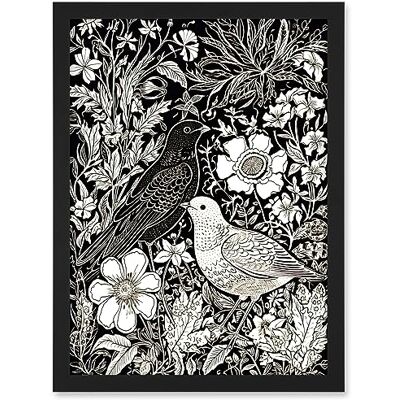 Artery8 Birds on Flower Bed Garden Black and White Linocut Artwork Framed A3 Wall Art Print Artery8 Birds on Flower Bed Garden Black and White Linocut Artwork Framed A3 Wall Art Print