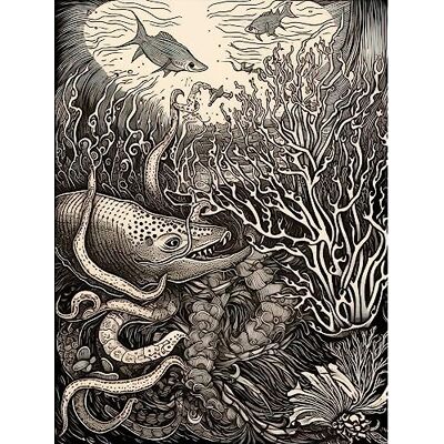 Artery8 Aquatic Animals and Plants Linocut Illustration Extra Large XL Wall Art Poster Print Artery8 Aquatic Animals and Plants Linocut Illustration Extra Large XL Wall Art Poster Print