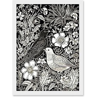Artery8 Birds on Flower Bed Garden Black and White Linocut Artwork Framed Wall Art Print A4 Artery8 Birds on Flower Bed Garden Black and White Linocut Artwork Framed Wall Art Print A4