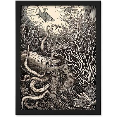 Artery8 Aquatic Animals and Plants Linocut Illustration Artwork Framed A3 Wall Art Print Artery8 Aquatic Animals and Plants Linocut Illustration Artwork Framed A3 Wall Art Print