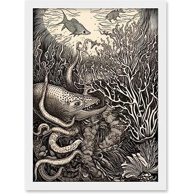 Artery8 Aquatic Animals and Plants Linocut Illustration Artwork Framed A3 Wall Art Print Artery8 Aquatic Animals and Plants Linocut Illustration Artwork Framed A3 Wall Art Print