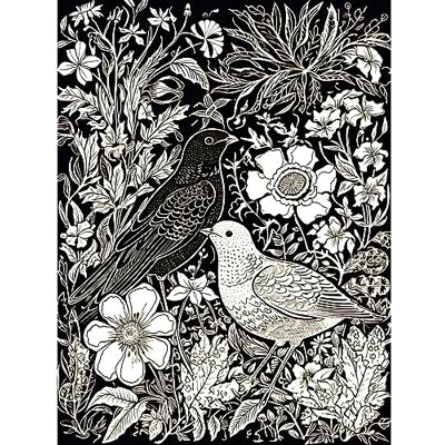 Artery8 Birds on Flower Bed Garden Black and White Linocut Extra Large XL Wall Art Poster Print Artery8 Birds on Flower Bed Garden Black and White Linocut Extra Large XL Wall Art Poster Print