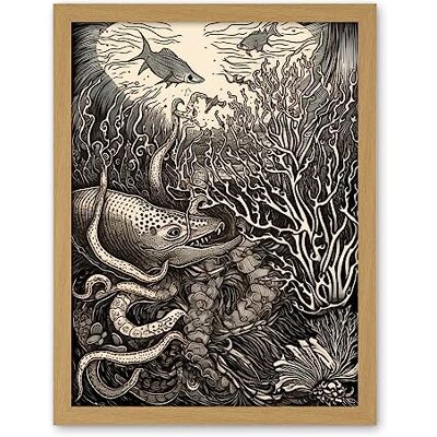 Artery8 Aquatic Animals and Plants Linocut Illustration Artwork Framed Wall Art Print 18X24 Inch Artery8 Aquatic Animals and Plants Linocut Illustration Artwork Framed Wall Art Print 18X24 Inch