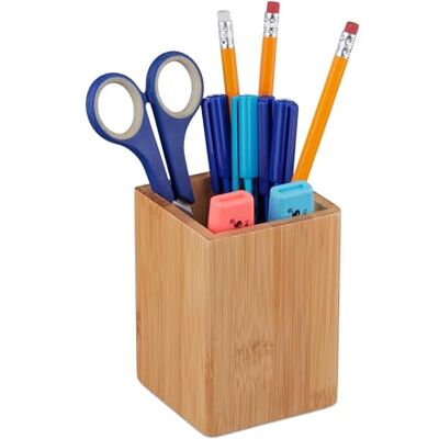 Relaxdays Pen Holder, Bamboo, for Make-up Brushes, Wooden, Office Organiser, HxWxD: 11 x 8 x 8 cm, Pencil Cup, Natural Relaxdays Pen Holder, Bamboo, for Make-up Brushes, Wooden, Office Organiser, HxWxD: 11 x 8 x 8 cm, Pencil Cup, Natural
