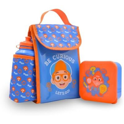 HOX Blippi 3 Piece Lunch Bag Set for Kids School Set with Insulated Lunch Bag, 400ml Water Bottle and Snack Pot Carry Bag with Bottle Holder HOX Blippi 3 Piece Lunch Bag Set for Kids School Set with Insulated Lunch Bag, 400ml Water Bottle and Snack Pot Carry Bag with Bottle Holder